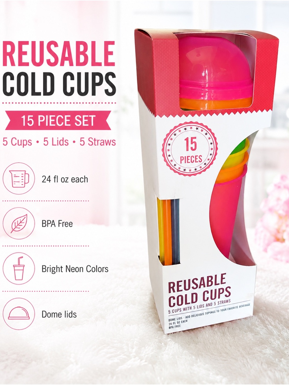 Reusable Neon Colors Cold Cups Set - 15 Piece Party Pack